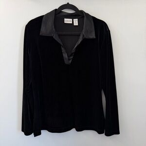 Chico's Black Velvet Long Sleeve Satin Trim V Neck Top Size 2 Large (12)